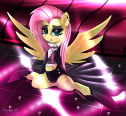 Size: 3345x3093 | Tagged: safe, artist:darksly, character:fluttershy, species:pegasus, species:pony, episode:fake it 'til you make it, clothing, dress, ear piercing, earring, female, fluttergoth, jewelry, looking at you, makeup, mare, necklace, piercing, solo, spread wings, wings