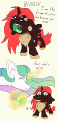 Size: 1584x3333 | Tagged: safe, artist:firefanatic, character:princess celestia, oc, oc:red alicorn, species:alicorn, species:pony, alicorn oc, angry, big ears, candy, chest fluff, dialogue, fluffy, food, horn, lollipop, magic, missing accessory, onomatopoeia, red and black oc, smiling, sound effects, wings