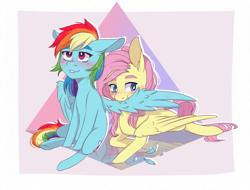 Size: 2500x1900 | Tagged: safe, artist:silbersternenlicht, character:fluttershy, character:rainbow dash, species:pegasus, species:pony, ship:flutterdash, abstract background, blushing, digital art, female, grooming, lesbian, lip bite, mare, one wing out, preening, shipping, smiling, three quarter view, wings