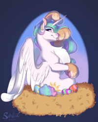 Size: 1200x1500 | Tagged: safe, artist:silentwulv, character:princess celestia, species:alicorn, species:pony, animal costume, blep, bunny costume, bunny ears, bunnylestia, chest fluff, clothing, costume, cute, cutelestia, easter, easter bunny, easter egg, female, holiday, mare, nest, sitting, solo, tongue out