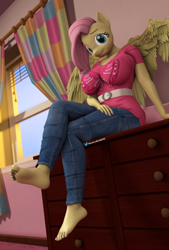 Size: 1620x2400 | Tagged: safe, artist:shadowboltsfm, character:fluttershy, species:anthro, species:pegasus, species:plantigrade anthro, species:pony, 3d, barefoot, bedroom, big breasts, breasts, busty fluttershy, clothing, feet, female, foot focus, jeans, looking at you, nail polish, pants, sitting, smiling, solo, source filmmaker, toenail polish