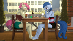 Size: 3840x2160 | Tagged: safe, artist:cdv, oc, oc only, oc:raylanda, oc:spicy flavor, species:anthro, 3d, balcony, barefoot, blushing, cute, date, feet, female, food, foot fetish, footsie, glass, lesbian, lidded eyes, looking at each other, pizza, source filmmaker, table, wine bottle, wine glass