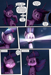 Size: 1920x2816 | Tagged: safe, artist:shieltar, part of a set, character:twilight sparkle, species:pony, species:unicorn, comic:giant twilight, black hole, comic, cute, dialogue, explosion, female, giant pony, giantess, glowing eyes, horn, jewelry, macro, magic, mare, necklace, open mouth, part of a series, pony bigger than a planet, pony bigger than a solar system, pony bigger than a star, size difference, solo, space, stars, twiabetes