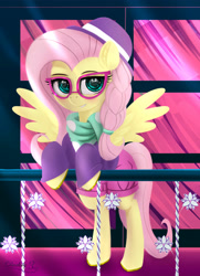 Size: 3250x4500 | Tagged: safe, artist:darksly, character:fluttershy, species:pegasus, species:pony, episode:fake it 'til you make it, absurd resolution, alternate hairstyle, clothing, female, glasses, hat, hipster, hipstershy, scarf, solo