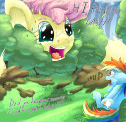 Size: 2020x1966 | Tagged: safe, artist:firefanatic, character:fluttershy, character:rainbow dash, :3, big ears, big grin, cute, destruction, dialogue, dust cloud, female, fluffy, frightened, giantess, grin, macro, messy mane, nostrils, onomatopoeia, scared, shocked, size difference, smiling, sound effects, startled, tree