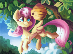 Size: 1600x1184 | Tagged: safe, artist:saxopi, character:fluttershy, species:pegasus, species:pony, bee, beehive, chest fluff, cute, female, flying, insect, looking at something, mare, outdoors, shyabetes, smiling, solo, spread wings, tree, tree branch, wings