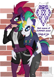 Size: 775x1100 | Tagged: safe, artist:virenth, character:rarity, character:tempest shadow, species:anthro, species:pony, species:unicorn, alternate hairstyle, belly button, clothing, ear piercing, female, jacket, leather jacket, lesbian, looking at you, midriff, piercing, punk, punkity, rarity for you, shipping, standing, tempity, tongue out, watermark