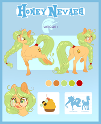 Size: 2481x3047 | Tagged: safe, artist:silkensaddle, oc, oc:honey nevaeh, species:pony, species:unicorn, braid, commission, cutie mark, glasses, hair tie, horn, looking back, reference sheet, tail wrap, tongue out