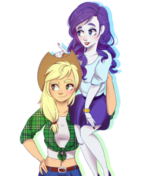 Size: 1600x1900 | Tagged: safe, artist:silbersternenlicht, character:applejack, character:rarity, ship:rarijack, my little pony:equestria girls, carrying, clothing, cowboy hat, digital art, female, hat, lesbian, lipstick, shipping, simple background, smiling, stetson, strong