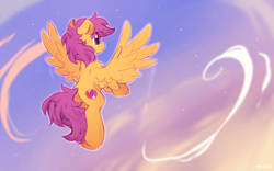 Size: 1600x1000 | Tagged: safe, artist:mirtash, character:scootaloo, species:pegasus, species:pony, chest fluff, cloud, crying, cute, cutealoo, dusk, ear fluff, female, filly, flying, rear view, scootaloo can fly, sky, solo, spread wings, stars, tears of joy, teary eyes, wings