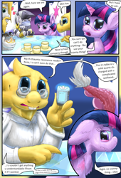 Size: 1080x1584 | Tagged: safe, artist:firefanatic, character:discord, character:twilight sparkle, character:twilight sparkle (alicorn), species:alicorn, species:pony, comic:friendship management, alphys, asgore dreemurr, bags under eyes, comic, crossover, device, dialogue, food, glasses, magic, pouting, smiling, tea, tea kettle, undertale, what is hoo-man