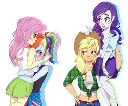 Size: 2300x1900 | Tagged: safe, artist:silbersternenlicht, character:applejack, character:fluttershy, character:rainbow dash, character:rarity, ship:flutterdash, ship:rarijack, my little pony:equestria girls, carrying, clothing, competitive, cowboy hat, digital art, female, hat, lesbian, lipstick, shipping, simple background, smiling, stetson, strong