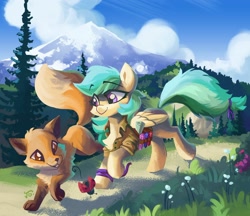 Size: 1920x1657 | Tagged: safe, artist:saxopi, oc, oc only, oc:summer ray, species:fox, species:pegasus, species:pony, flower, insect, ladybug, mountain, scenery, solo, tree