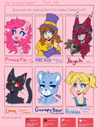 Size: 1971x2500 | Tagged: safe, artist:tenebristayga, character:pinkie pie, species:earth pony, species:human, species:pony, :d, a hat in time, bubbles (powerpuff girls), bust, care bears, cat, chest fluff, clothing, crossover, female, frown, grumpy bear, hat, hat kid, league of legends, luna (sailor moon), mare, one eye closed, sailor moon, six fanarts, the powerpuff girls, top hat, wink, xayah
