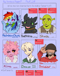 Size: 1971x2500 | Tagged: safe, artist:tenebristayga, character:rainbow dash, species:dragon, species:human, species:pegasus, species:pony, :d, :o, blep, bust, chest fluff, clothing, crossover, draco malfoy, ear fluff, female, harry potter, helmet, how to train your dragon, male, mare, necktie, ogre, one eye closed, open mouth, raised hoof, shrek, six fanarts, soldier, team fortress 2, tongue out, toothless the dragon, underhoof, wink