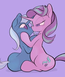 Size: 1726x2048 | Tagged: safe, artist:noupu, character:starlight glimmer, character:trixie, species:pony, species:unicorn, ship:startrix, blushing, female, kissing, lesbian, looking at each other, mare, shipping, sitting, squishy cheeks, surprise kiss, surprised