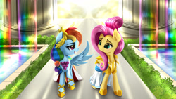 Size: 4800x2700 | Tagged: safe, artist:darksly, character:fluttershy, character:rainbow dash, species:pegasus, species:pony, alternate hairstyle, clothing, dress, duo, duo female, female, gala dress, mare, rainbow waterfall, warrior of inner strength