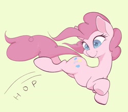 Size: 2048x1790 | Tagged: safe, artist:noupu, character:pinkie pie, species:earth pony, species:pony, colored pupils, cute, diapinkes, female, green background, hopping, jumping, mare, simple background, solo