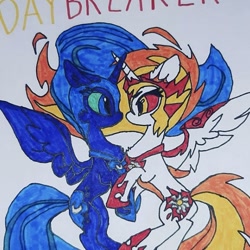 Size: 590x589 | Tagged: safe, artist:electric spark, artist:tomatocoup, character:daybreaker, character:nightmare moon, character:princess celestia, character:princess luna, species:alicorn, species:pony, cute, diabreaker, duo, duo female, female, mare, moonabetes, siblings, simple background, sisters, spread wings, text, trace, traditional art, white background, wings