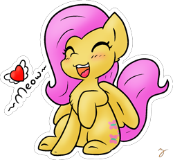 Size: 1095x1013 | Tagged: safe, artist:zutcha, character:fluttershy, species:pegasus, species:pony, behaving like a cat, blushing, chest fluff, cute, female, happy, heart, shyabetes, simple background, smiling, solo, transparent background