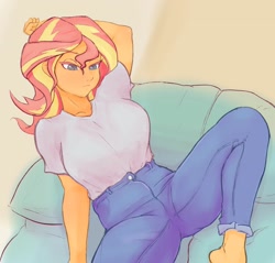 Size: 2048x1956 | Tagged: safe, artist:noupu, character:sunset shimmer, my little pony:equestria girls, breasts, busty sunset shimmer, clothing, female, jeans, lying down, pants, shirt, solo