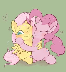 Size: 1872x2048 | Tagged: safe, artist:noupu, character:fluttershy, character:pinkie pie, species:earth pony, species:pegasus, species:pony, ship:flutterpie, blushing, cheek squish, eyes closed, female, green background, heart, hug, lesbian, nuzzling, one eye closed, shipping, simple background, squishy cheeks