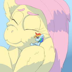 Size: 792x792 | Tagged: safe, artist:firefanatic, character:fluttershy, character:rainbow dash, :3, affection, cheek rub, cuddling, fluffy, hug, macro, nuzzling, size difference