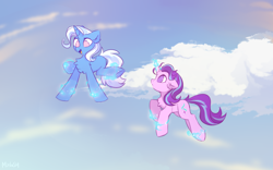 Size: 1600x1000 | Tagged: safe, artist:mirtash, character:starlight glimmer, character:trixie, species:pony, species:unicorn, chest fluff, cloud, cute, duo, ear fluff, female, flying, levitation, magic, mare, no pupils, self-levitation, sketch, sky, telekinesis