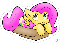 Size: 659x477 | Tagged: safe, artist:zutcha, character:fluttershy, species:pony, :3, box, cute, female, pony in a box, shyabetes, simple background, solo, transparent background