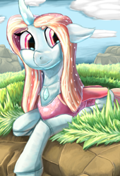 Size: 1080x1584 | Tagged: safe, artist:firefanatic, character:ocellus, species:changeling, species:reformed changeling, alternate design, cliff, cloud, cute, diaocelles, grass, grass field, long mane, lying down, older, older ocellus, prone, queen ocellus, sky, smiling