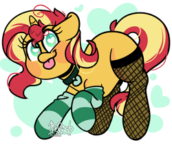 Size: 3000x2520 | Tagged: safe, artist:befishproductions, character:sunset shimmer, species:pony, species:unicorn, blep, clothing, collar, cute, female, fishnets, heart eyes, high res, jewelry, looking at you, pendant, shimmerbetes, socks, solo, striped socks, tongue out, wingding eyes