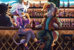 Size: 1920x1295 | Tagged: safe, artist:saxopi, oc, oc only, oc:gallant hymn, species:anthro, species:griffon, species:plantigrade anthro, alcohol, bar, duo, looking at each other