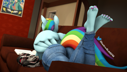 Size: 2880x1620 | Tagged: safe, artist:shadowboltsfm, character:rainbow dash, species:anthro, species:pegasus, species:plantigrade anthro, species:pony, 3d, barefoot, book, clothing, couch, feet, feet up, female, foot focus, high res, jeans, lying down, nail polish, pants, poster, reading, shoes, shoes off, source filmmaker, toenail polish, wings