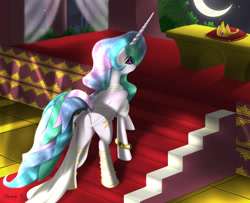 Size: 3570x2905 | Tagged: safe, artist:darksly, character:princess celestia, species:alicorn, species:pony, bracelet, clothing, crescent moon, crown, dress, female, high res, jewelry, majestic, mare, moon, rear view, regalia, solo