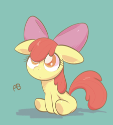 Size: 1734x1928 | Tagged: safe, artist:noupu, character:apple bloom, species:earth pony, species:pony, adorabloom, blank flank, colored pupils, cute, female, filly, floppy ears, green background, simple background, sitting, solo