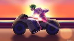 Size: 3840x2160 | Tagged: safe, alternate version, artist:riouku, character:spike, character:sweetie belle, species:human, ship:spikebelle, converse, female, humanized, male, motorcycle, shipping, shoes, straight, sunset