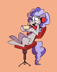 Size: 2956x3694 | Tagged: safe, artist:fluttershythekind, oc, oc only, oc:cinnabyte, adorkable, chair, commission, controller, cute, dork, excited, gaming chair, gaming headset, glasses, happy, headphones, headset, open mouth, simple background, sitting, smiling
