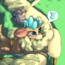 Size: 1584x1584 | Tagged: safe, artist:firefanatic, community related, character:paprika paca, character:velvet reindeer, species:alpaca, species:deer, species:reindeer, them's fightin' herds, blushing, chest fluff, cuddling, cute, description is relevant, female, fluffy, happy, mlem, note, nuzzling, silly, story included, tongue out
