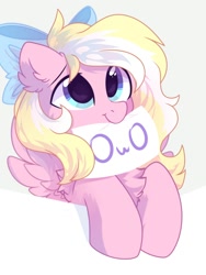 Size: 1500x2000 | Tagged: safe, artist:mirtash, oc, oc only, oc:bay breeze, species:pegasus, species:pony, bow, chest fluff, commission, cute, ear fluff, female, hair bow, looking up, mare, mouth hold, ocbetes, owo, simple background, ych result