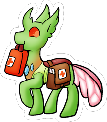 Size: 621x707 | Tagged: safe, artist:zutcha, oc, oc only, oc:shearwing, species:changeling, species:reformed changeling, changedling oc, changeling oc, first aid, mouth hold, simple background, smiling, solo, transparent background
