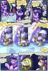 Size: 2160x3168 | Tagged: safe, artist:firefanatic, character:discord, character:twilight sparkle, character:twilight sparkle (alicorn), character:zecora, species:alicorn, species:draconequus, species:pony, species:zebra, comic:friendship management, blindfold, comic, cup, dialogue, glowing eyes, shrug, teacup, what is hoo-man