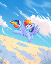 Size: 1788x2236 | Tagged: safe, artist:mirtash, character:rainbow dash, species:pegasus, species:pony, chest fluff, cloud, ear fluff, female, flying, grass, grass field, looking up, mare, outdoors, sky, smiling, solo, spread wings, wings