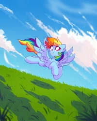 Size: 2000x2500 | Tagged: safe, alternate version, artist:mirtash, character:rainbow dash, species:pegasus, species:pony, chest fluff, cloud, ear fluff, female, flying, grass, grass field, high res, looking up, mare, outdoors, sky, smiling, solo, spread wings, wings