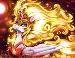 Size: 4188x3250 | Tagged: safe, artist:darksly, character:daybreaker, character:princess celestia, species:alicorn, species:pony, episode:a royal problem, g4, my little pony: friendship is magic, absurd resolution, crown, eyelashes, fangs, female, fire, flowing mane, flowing tail, high res, horn, jewelry, lidded eyes, looking at you, mane of fire, mare, regalia, signature, solo, sun, yellow eyes