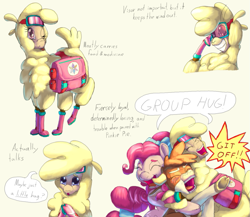 Size: 1011x879 | Tagged: safe, artist:firefanatic, character:arizona cow, character:paprika paca, character:pinkie pie, species:alpaca, species:cow, species:earth pony, species:pony, them's fightin' herds, alternate design, alternate mane style, bag, blushing, boots, bow, calf, embarrassed, goggles, group hug, hair tie, hug, indignant, saddle bag, shoes