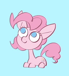 Size: 1520x1658 | Tagged: safe, artist:noupu, character:pinkie pie, species:earth pony, species:pony, blue background, cute, diapinkes, female, no pupils, prone, simple background, sitting, solo