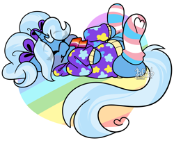 Size: 3500x2888 | Tagged: safe, artist:befishproductions, gameloft, character:trixie, species:pony, species:unicorn, alternate hairstyle, babysitter trixie, blushing, clothing, cute, diatrixes, eyes closed, female, flag, gameloft interpretation, gay pride flag, gender headcanon, heart, hoodie, lesbian pride flag, mouth hold, on back, pigtails, pride, pride flag, pride month, signature, simple background, socks, striped socks, thigh highs, trans female, trans trixie, transgender, transgender pride flag, twintails, white background