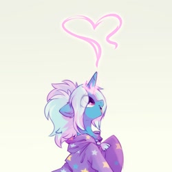 Size: 2000x2000 | Tagged: safe, artist:mirtash, gameloft, character:trixie, species:pony, species:unicorn, alternate hairstyle, babysitter trixie, clothing, cute, diatrixes, female, gameloft interpretation, heart, high res, hoodie, jacket, looking up, magic, magic aura, mare, open mouth, pigtails, simple background, solo, twintails, white background