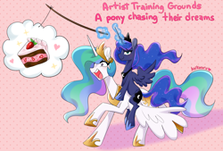 Size: 3008x2032 | Tagged: safe, artist:kaikururu, character:princess celestia, character:princess luna, species:alicorn, species:pony, newbie artist training grounds, atg 2020, cake, cakelestia, dream, duo, female, fishing rod, food, heart, high res, looking at you, mare, open mouth, ponies riding ponies, riding, royal sisters, sibling teasing, siblings, sisters, smugluna, stick