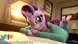 Size: 2880x1620 | Tagged: safe, artist:shadowboltsfm, character:starlight glimmer, species:anthro, species:plantigrade anthro, species:pony, species:unicorn, 3d, barefoot, bed, clothing, cute, eyelashes, feet, glimmerbetes, high res, jeans, looking at you, lying on bed, nail polish, on bed, pants, smiling, source filmmaker, the pose